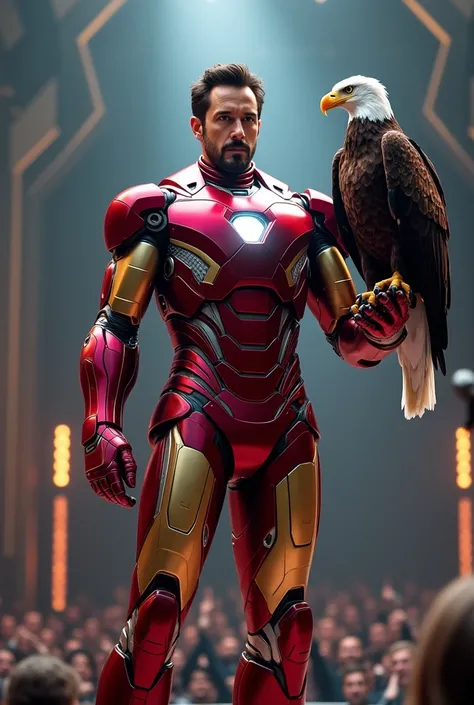 Iron man walking on stage flor and an eagle seating on his hand