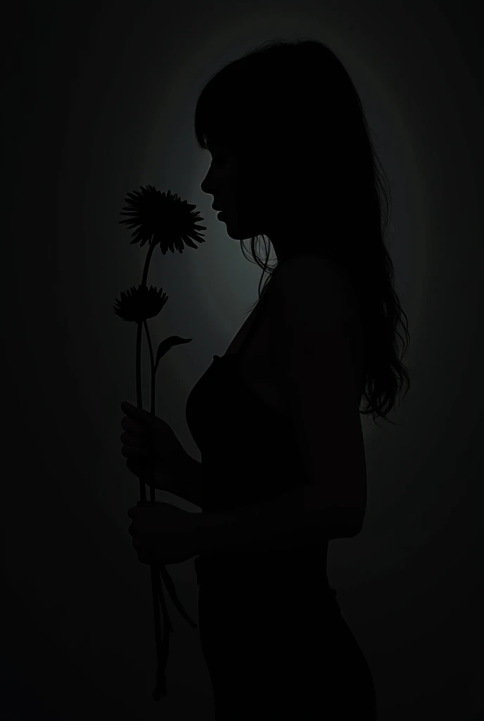   The image looks dark and exact like the silhouette of a girl who is in profile, I mean,  on half a side who wears a tight black dress and holds a flower , a dahlia in her hands ,  the image is a silhouette of a girl whose image looks dark .