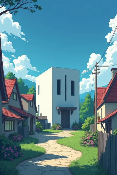 a minimalist but slightly terrifying and beautiful house in an anime town