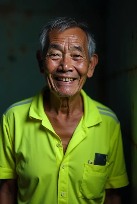  Image of a poor 50-year-old Vietnamese man, smooth face,  wearing a fluorescent lime yellow shirt , with reflective band  , face down, big,  Deep Black Eyes , smiling a repugnant,  strange smile with lots of teeth ,  all over her wet body ,  standing in f...