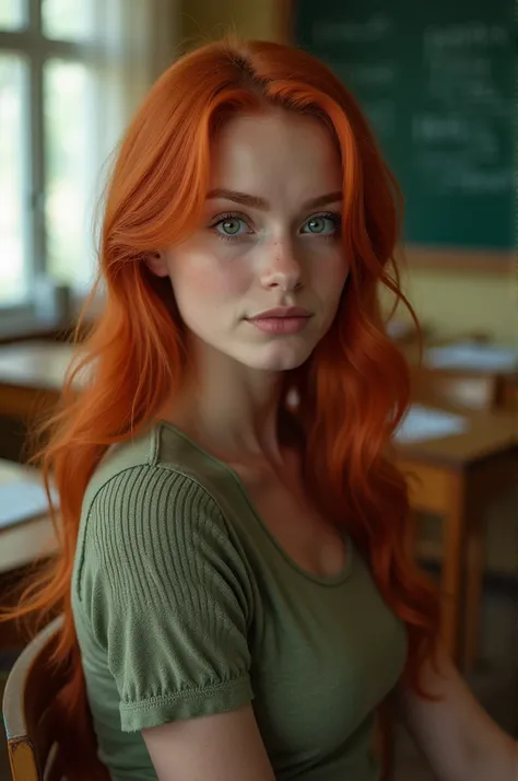  Green-eyed redhead playing a siren in the classroom 