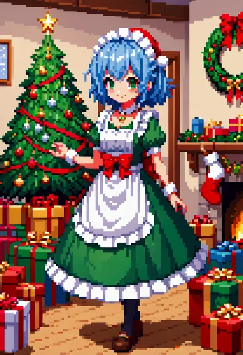  A cozy living room painting ， Full of colorful Christmas gifts ，Christmas tree， Very detailed interior design ，  Lively Colors  ， Pixel Art , Blocks,  Pixel Art 风格, 8-bit graphics, Anime Girl， Messy blue hair ，  blush，  charming smile ， red and green chri...