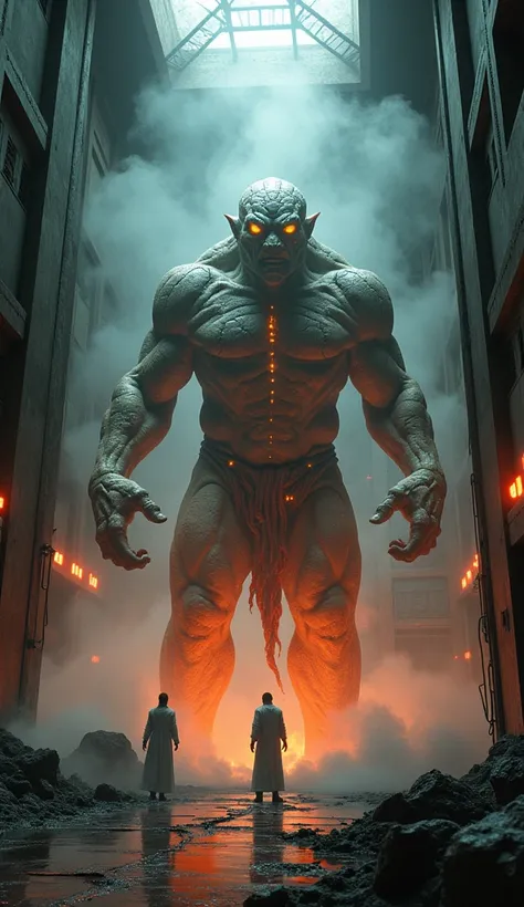 Imagine that a massive, muscular humanoid creature with cracked, stone-like skin and molten lava coursing through its veins stands motionless in a reinforced glass chamber filled with steam and condensation. Its fiery orange eyes flicker menacingly as if a...