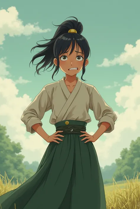 Woman standing with her hands on her hips。Painful expression。Ghibli style。solo