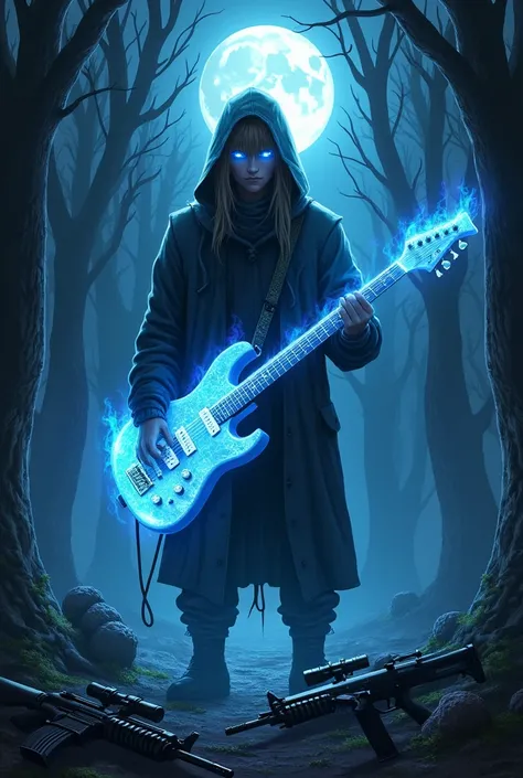  I want you to generate an image of a guitarist with blue eyes and light brown hair, with hood,  with his guitar on fire in the forest at night and on the full moon, with guns lying around and leaning against trees and bazookas ...  a sinister emotional ho...