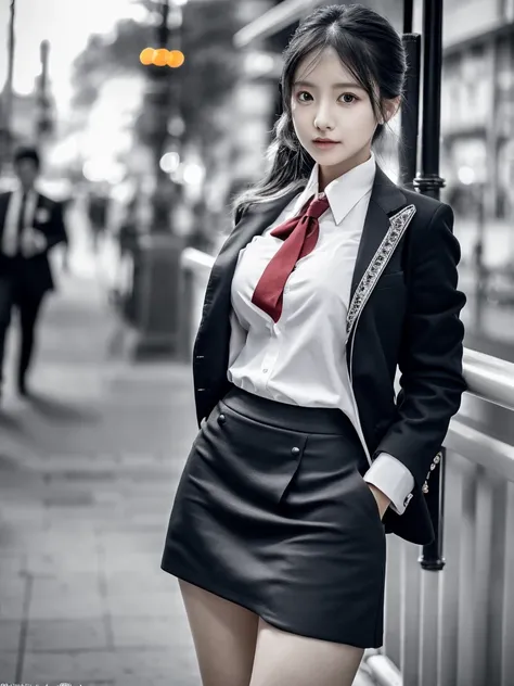 a beautiful girl aged 16 at the street, the panties which are shown a little from below the short skirt are realistic, her large breasts which in the formal shirt are in the blazer, her bare thighs are sexy, her crotch below the short skirt is highly detai...