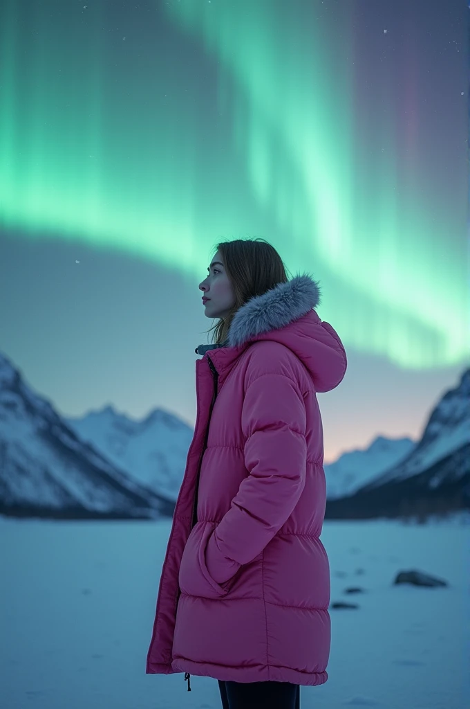 A woman in a pink coat in front of an aurora borealis