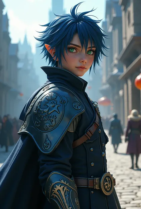 Create final fantasy style a young  with short dark blue hair with shimmering green eyes wearing a dark blue medieval metallic overcoat with black details wearing metallic black gauntlet with black runes in a medieval city 