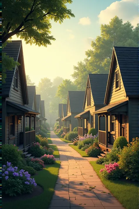 A quaint small town of Maplewood in the early morning light, with charming houses and blooming gardens, hinting at the serene yet eerie atmosphere before the disappearances begin.