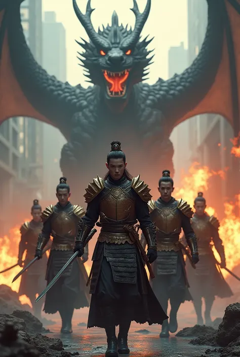  8 handsome korean men , and 2 beautiful korean women , wearing pakian dragon armor of copper and black color , holding katana swords , walking among tall buildings , and there are burning cars , behind them there is scary black dragon armor and spouting f...