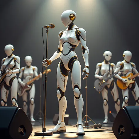  microphones、AI Gainoid Rock Singer standing in front of the microphone with a white body and a gold accent 、 drums、guitar、 based backband with all Guynoid 。