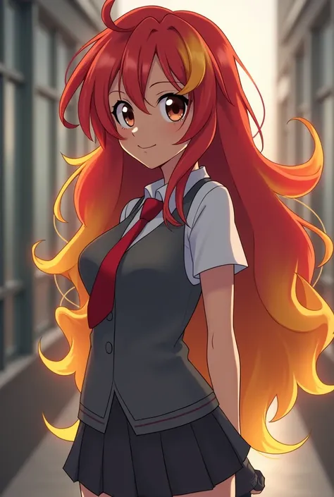   teenager,  Sunset Shimmer style red and yellow hair by My Little Pony, School clothes=gray vest and red tie,  curvy and curvy hair , and wavy,  brown eyes , dark brown skin , boku no hero style. My Hero Academia version 
