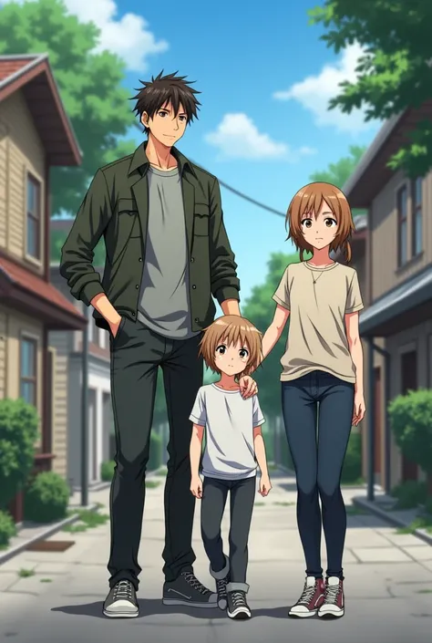 A family the tall father with black brown eyes the medium breast with light brown hair with a touch of blond and black eyes and the teenage daughter with light brown hair with a touch of blond with brown eyes in urban clothes talking to 5 neighbors anime