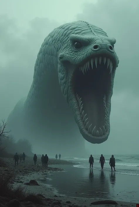 "A dramatic, stylized depiction of a colossal Alaskan Bull Worm (as labeled in the image) on a muddy shore. The creature is long, serpentine, with a fearsome toothy maw.  Several human figures are dwarfed by its size. The overall mood is mysterious and sli...