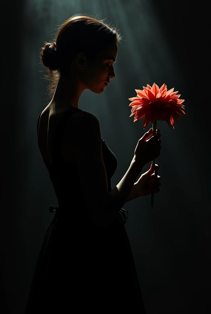 Give me an image that looks dark and exact of the silhouette of a girl who is in profile, that is, half-sided, she has a tight black dress and holds a flower in her hands, the flowers, a dahlia that is in her hands and is looking at her. The image is a sil...