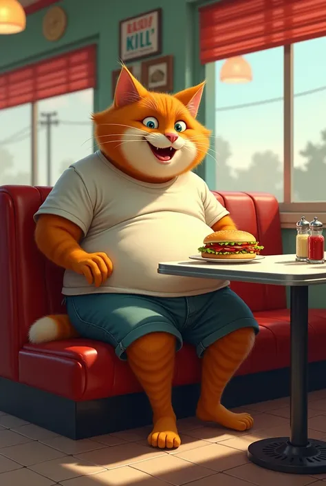    A human-looking cat, gordo ,with a big belly, dressed in shorts ,   t-shirt,  showing part of her belly . Hes sitting in a diner eating a sandwich, 