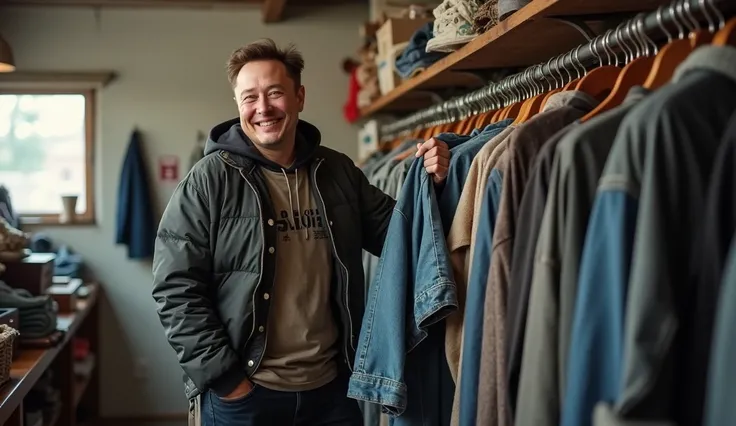 A realistic scene of Elon Musk standing in a store, choosing worn-out, simple clothes as if preparing to dress like a homeless person. He is smiling, as if amused by the situation. The store has a humble, second-hand feel, with clothes stacked on shelves a...