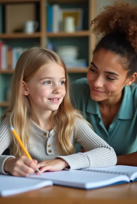 A young blonde girl in 3rd grade with light-colored eyes studying German at a tutoring center. She is sitting at a desk with a book and a notebook in front of her, holding a pencil in her hand. Her teacher, a woman with light brown skin and typical German ...