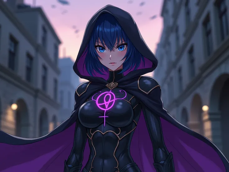 anime,  beautiful woman , Slim body, dark blue short hair ,  bright blue eyes , serious face,  dark shadow around her eyes , black makeup with purple , villains light armor ,  dark purple hooded cape,  light armor boots color black with dark purple, on the...