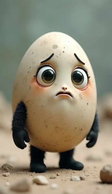 Cartoon 3d,  round stone egg but slightly slanted,  ash color , got eyes , Mouth,  little hands black ,  black little feet , Sad in the distance from his friend