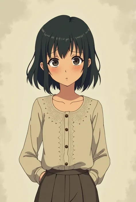  wearing a blouse with a closed button、Hands on hips、A cute woman with a painful expression 。Ghibli style。