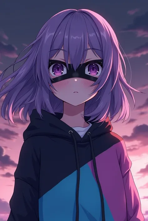  anime style, A girl, with purple hair, with purple eyes, with sweatshirt color black purple sky blue pink,hooded, with black mask 