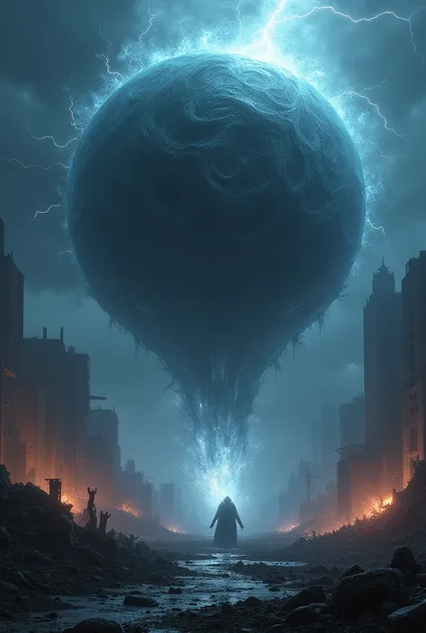  Sphere of dark magic emanating negative energy,  with a scenario of destruction , with a great storm  