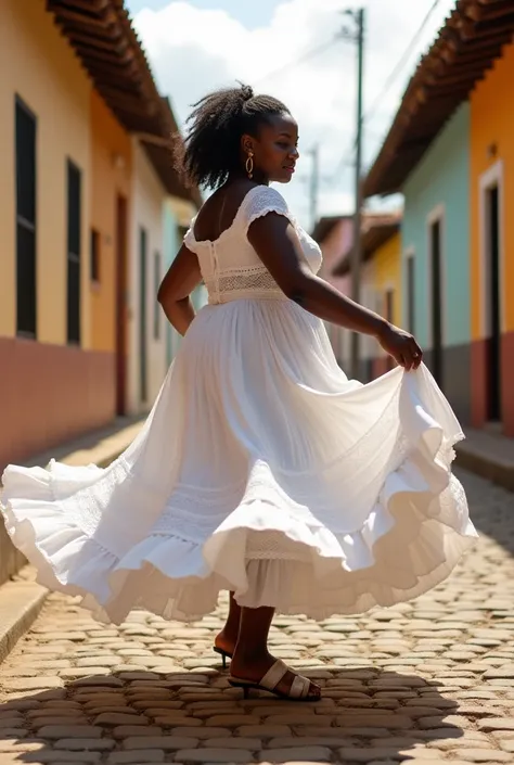  Bahian black woman from Bahia, Dressed all white, with an overweight body ,  round skirt and dancing . Scenario: a deserted traditional street in Salvador 