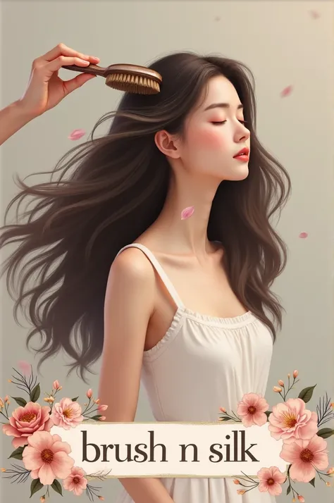 Create an image of a woman facing a side, her beautiful flowy hair showing, her eyes should be closed. And theres a brush brushing her hair. There also should be a banner at the bottom with floral element that writes : BRUSH n SILK 