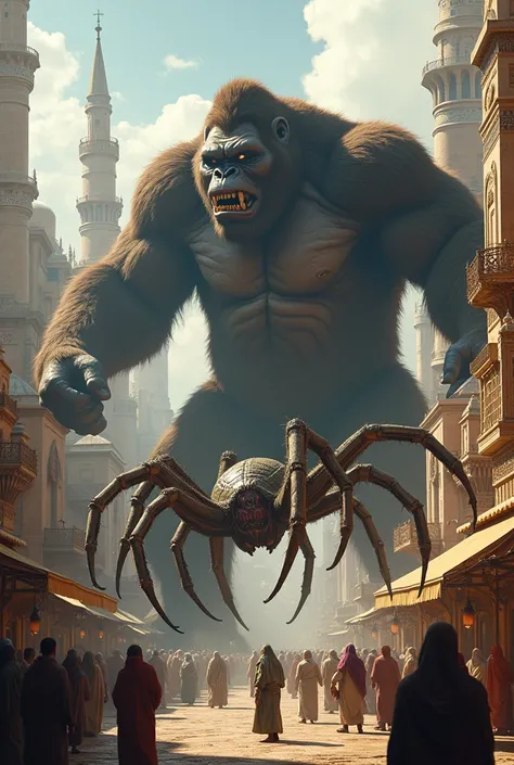 Create a hyper realistic 4k image,Of a King Kong with a spider in an Arab city