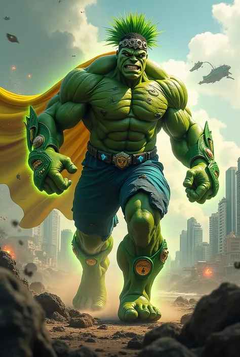 The Hulk reimagined as a warrior protector inspired by Brazilian culture, charging through a futuristic battlefield with vibrant energy and unrelenting strength. His immense frame is armored in a dynamic suit that combines advanced technology with the rich...