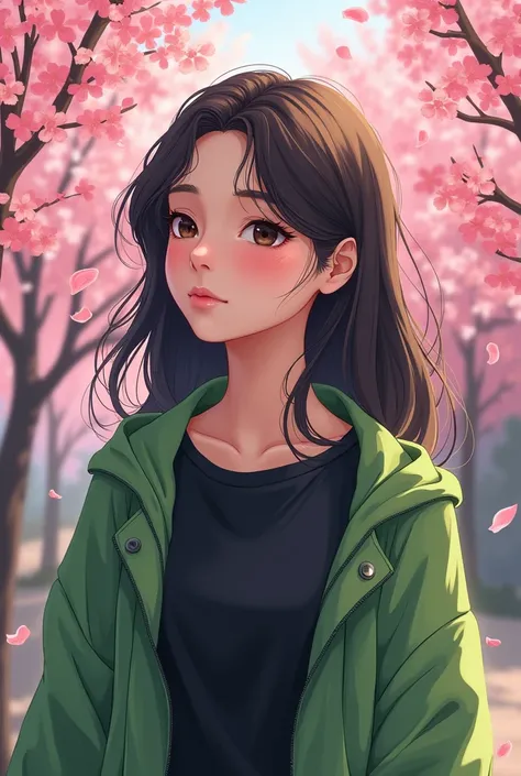 The woman named Ikhsan wore a green jacket and black t-shirt with a view of the cherry blossoms anime