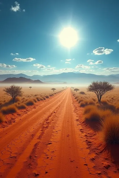 Scene: " Extreme Heat in the South African Savannah - 1652 "

BASE LANDSCAPE :
 - Infinite plain of cracked red earth
- Horizon vibrating due to the heat
- Relentless cobalt blue sky
- Static and distant white clouds
- Bluish mountains blurred by distance
...