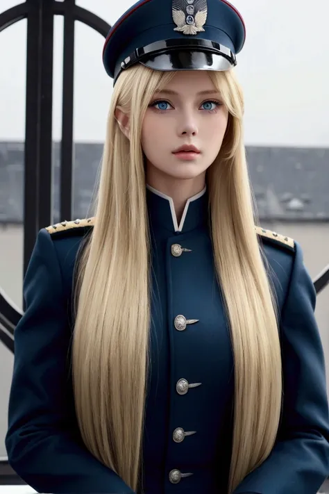 Blonde woman with long hair and blue eyes in sexy German military clothing