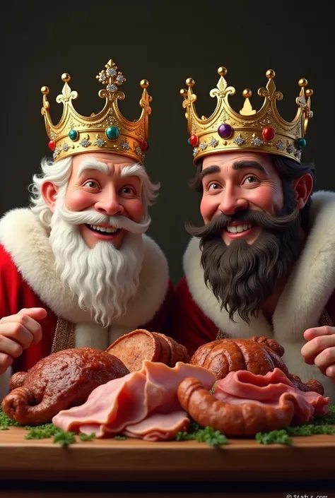  Two happy kings , with crowns,  eating on a plate, a chop , A sausage,  a turkey ham ,  a smoked ham 