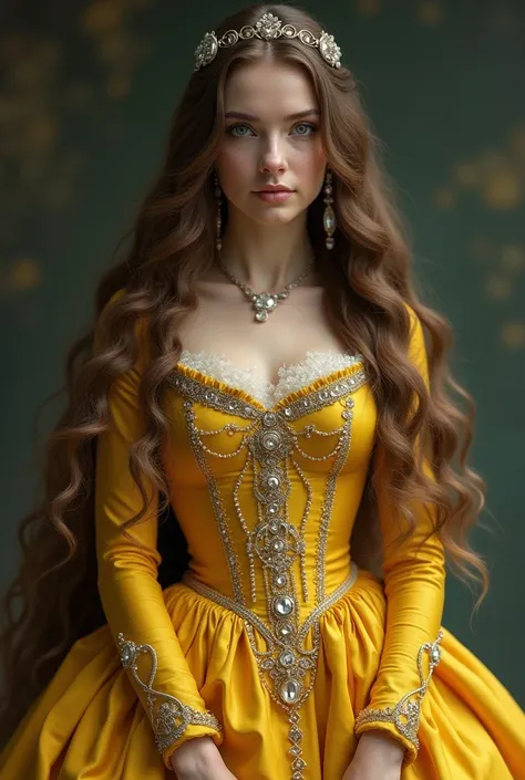 Woman standing full body very long brown hair white eyes wearing 19th century yellow dress with jewels