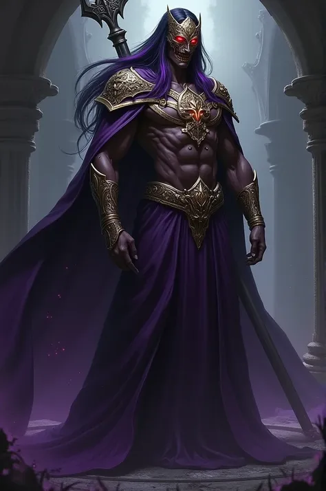 Appearance: Zareth wears a long, dark purple robe made of heavy fabric, giving off a graceful yet intimidating impression. His robe is adorned with sparkling gold ornaments, adding to the mysterious aura around him. On his face, he wears an intricate golde...