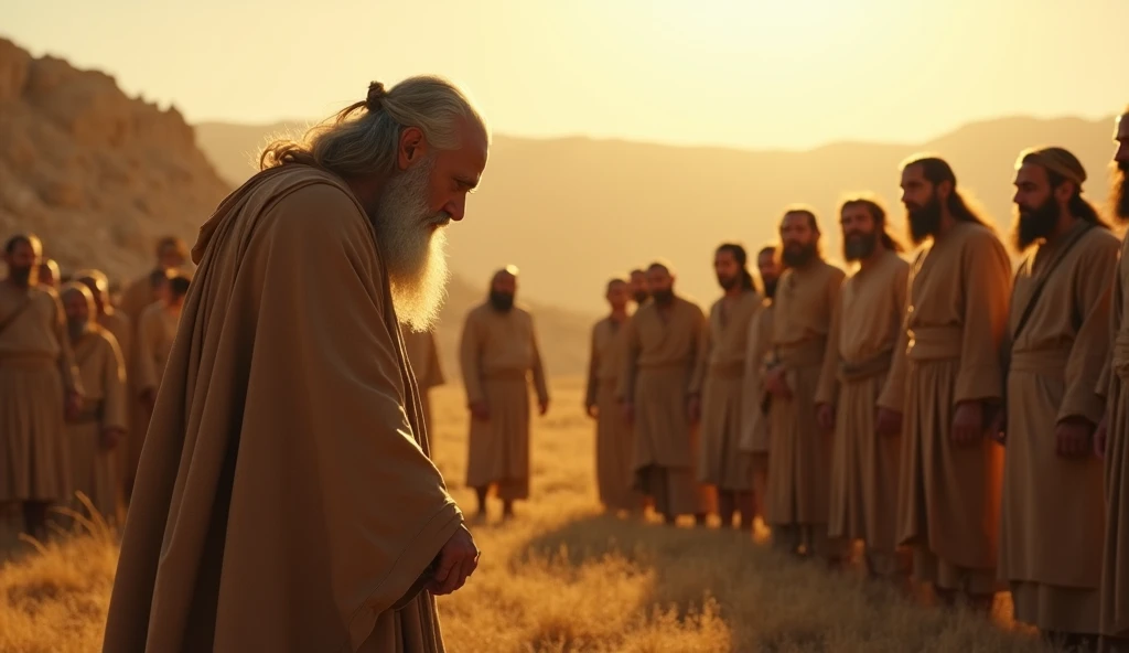 An epic cinematic scene in an ancient, rocky field bathed in golden sunlight. Abraham, an elderly man with a silver beard and dressed in a flowing earth-toned robe, bows deeply before a group of Hittites, who stand in a semi-circle. The Hittites, dressed i...