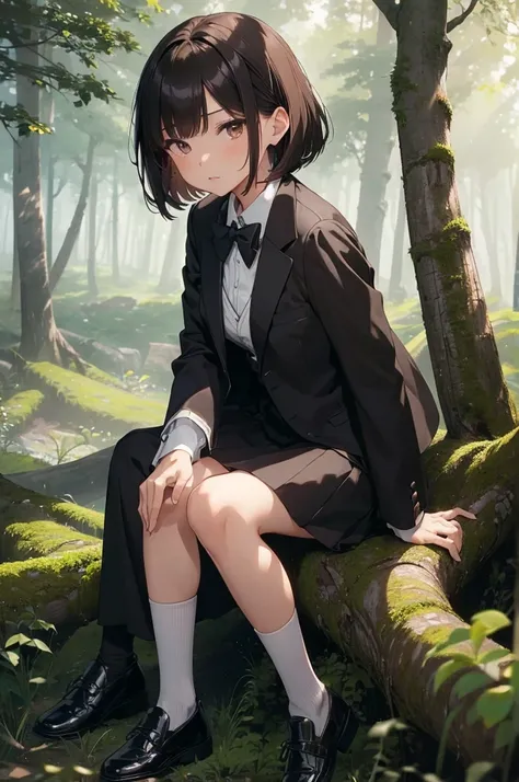 ((best quality)), ((masterpiece)), (detailed), 1girl, asian young woman, short bangs, brown hair, brown asian eyes, feminine, bowtie, black tuxedo jacket, black dress skirt, short white socks, fancy black shoe, rear view , in a forest, sitting on a fallen ...