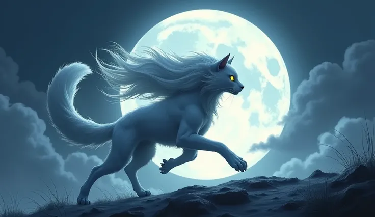 full moon night, a humanoid female snow and feline figure running like a quadruped,.  Her silhouette is accented by the giant moon behind her .  Her bright yellow eyes are penetrating ,  and her long white hair flows dramatically to the left in the wind . ...