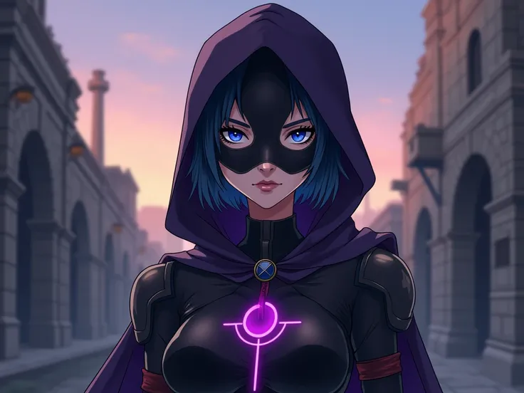 anime,  beautiful woman , Slim body, dark blue short hair ,  bright blue eyes , serious face,  dark shadow around her eyes , black makeup with purple , villains light armor ,  dark purple hooded cape,  light armor boots color black with dark purple, Keblar...