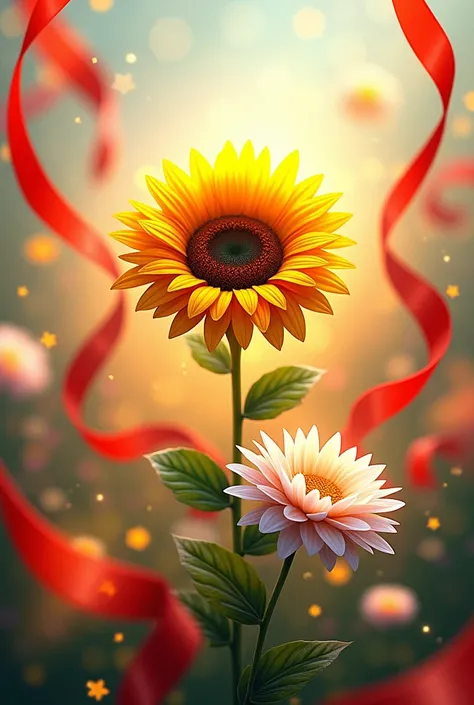  Imagine a vibrant and colorful scene . in the center, a radiant sunflower ,  with bright yellow petals that extend outward from the dark center of the flower. At your side,  a chrysanthemum with soft white or pink petals ,  more delicate but equally strik...