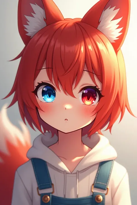 Can you create a furry with a fox with blue and red eyes anime type boy Shota red hair red human type Shota small about  remove it make it more like a human 