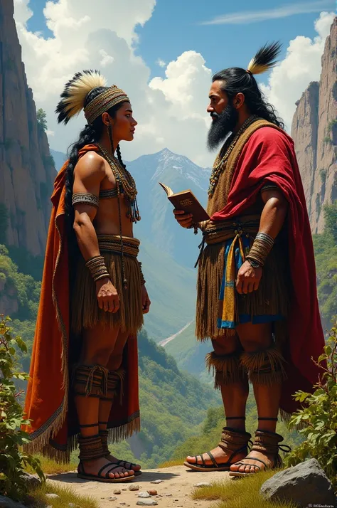 Atahualpa Inca who doesnt have a beard clutching a bible in his hand next to Valverde face to face 