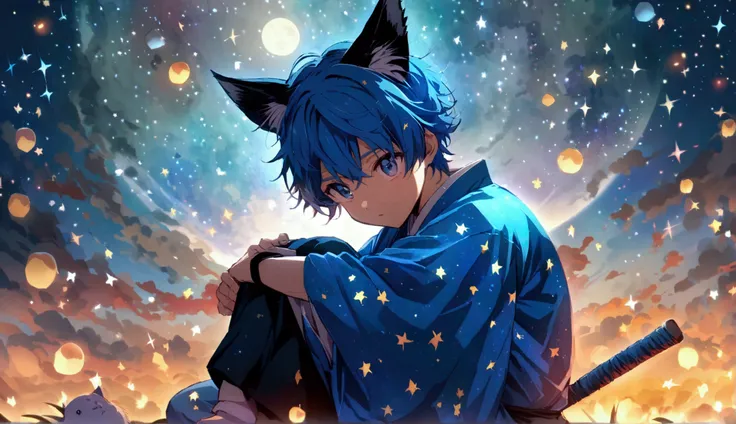 This image depicts a character in anime style, with a starry sky and moon in the background. The male character has blue hair and cat ears, wearing a blue kimono, sits hugging his knees.