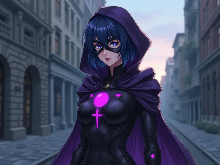 anime,  beautiful woman , Slim body, dark blue short hair ,  bright blue eyes , serious face,  dark shadow around her eyes , black makeup with purple , villains light armor ,  dark purple hooded cape, high heel boots type light armor color black with dark ...