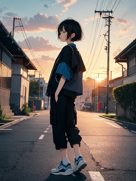 Chihiro, line drawing, 14-year-old Japanese female junior high school student, alone, Bad mood, sunset sky, (((asymmetrical short hair, black hair))), blue jacket, white shirt, short sleeves and hem, black sneakers, ((Black cargo pants)), humming, Look bac...