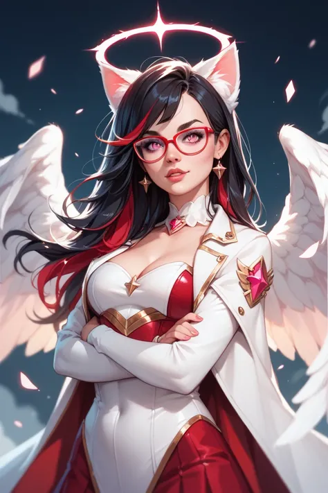 A nerdy Catgirl wearing glasses and witch cloths with pink eyes and long black hair with red highlights as a Fallen Angel with black and red angel wings at her full power