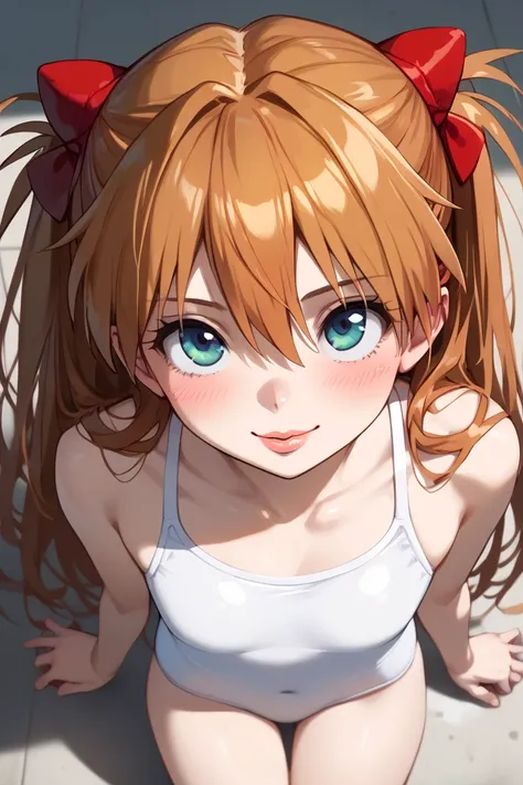 best illustration,(master piece), (((blush))),(smile),best quality,((extreme close up)),(from above),(((puckered lips))),(((souryuu_asuka_langley))),(((white swimsuit))),((from above)),(((looking up))),empty eys