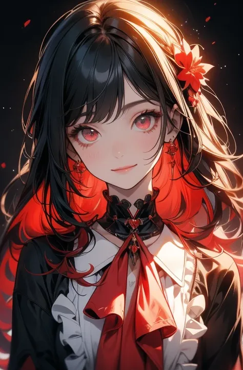 top quality, masterpiece,  black hair, red eyes, Look up,  upper body, Cute,  frill shirt , smile,Red Hair